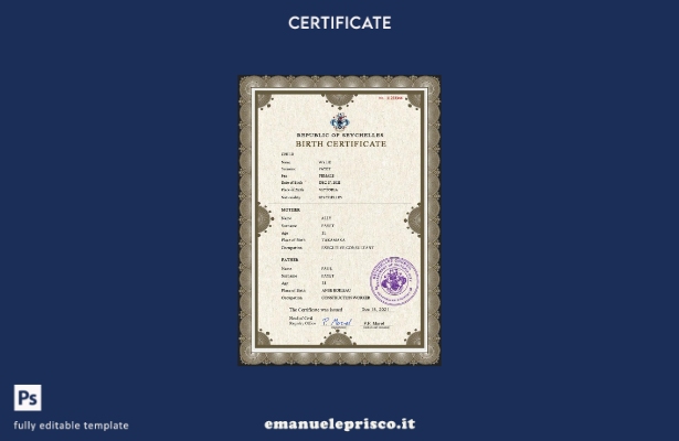 modello PSD del certificato di nascita dello stato civile delle Seychelles in st